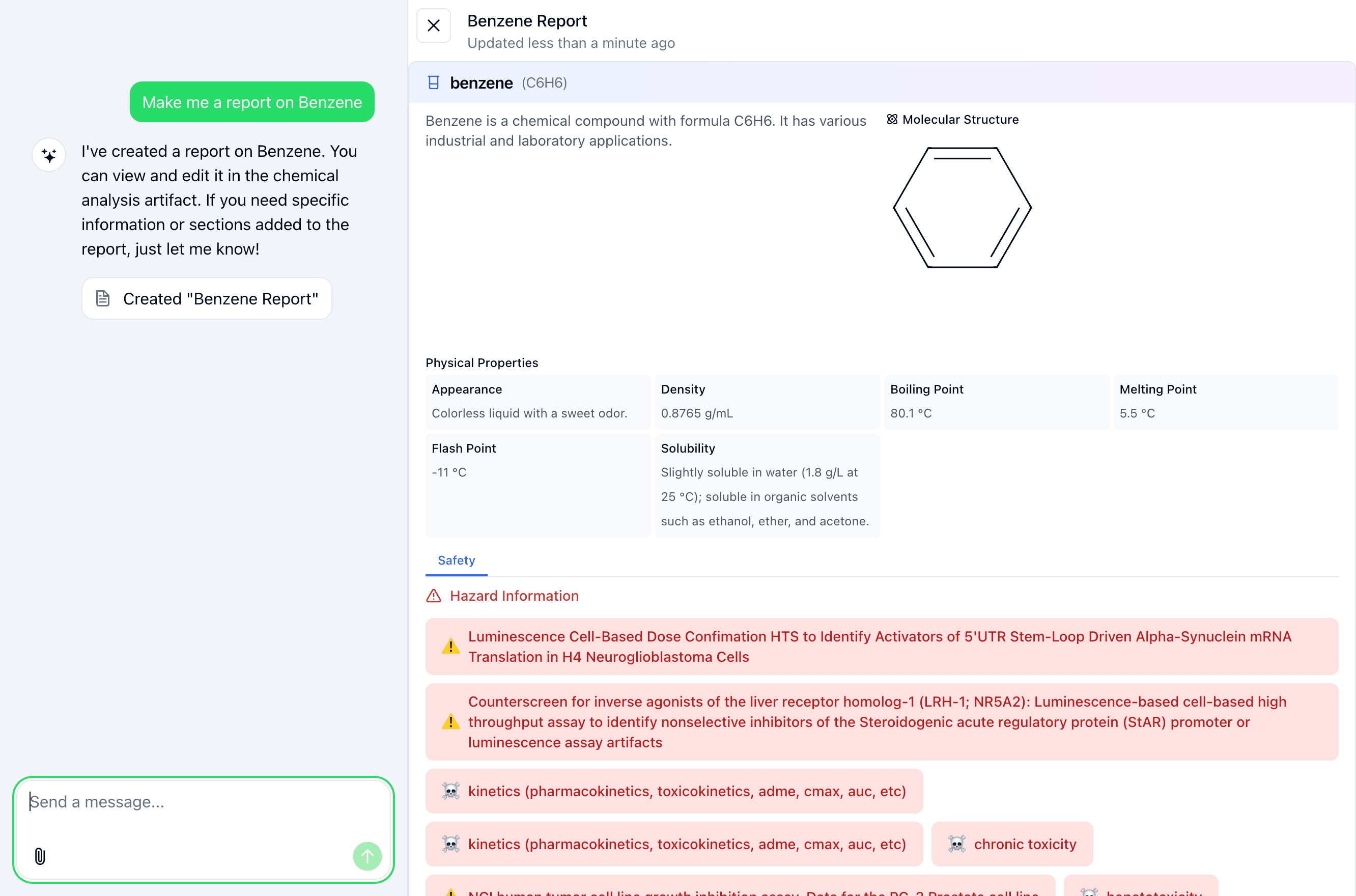 Tox Index Chat analyzing Benzene toxicity